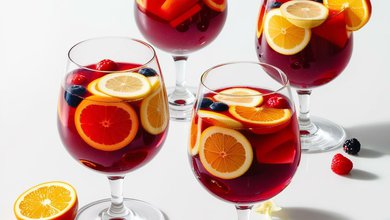 fotka sangria z červeného i bílého vína ve sklenicích na víno s ovocem na bílém pozadí.jpg